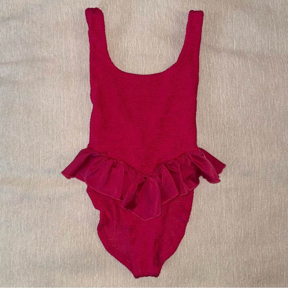 New Hunza G Denise Frill Swimsuit Metallic Crinkle One Piece  Pink Raspberry - Picture 3 of 8